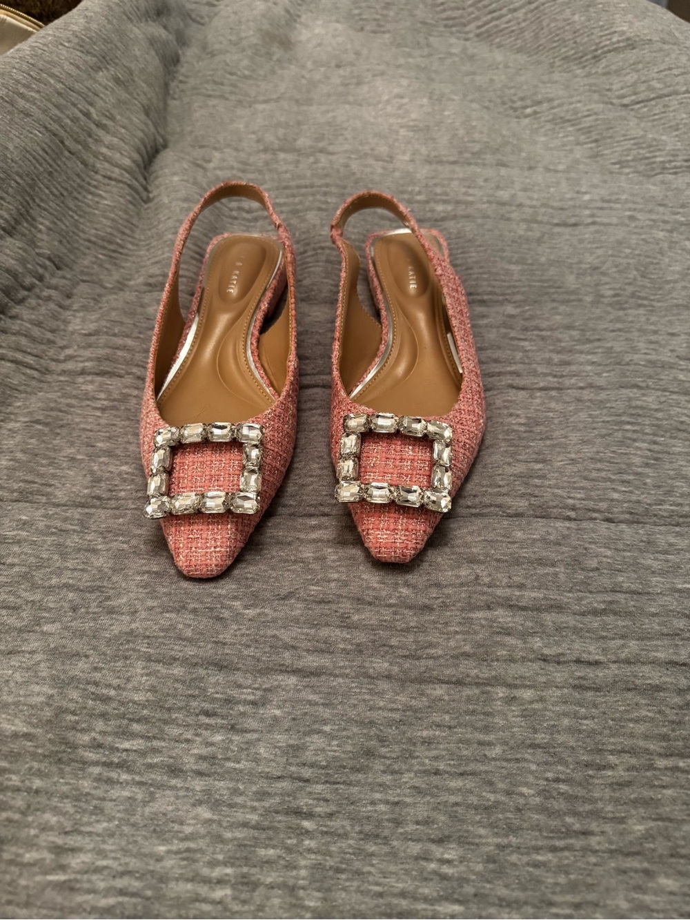 New Kelly & Katie Pink Tweed Pointed Slingback Flats with Jeweled Buckle